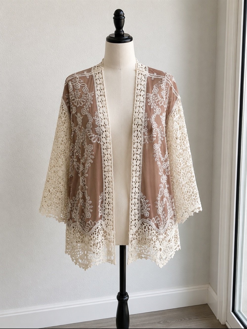 Democracy Sheer Lace-Trim Kimono Jacket in Beige and Cream